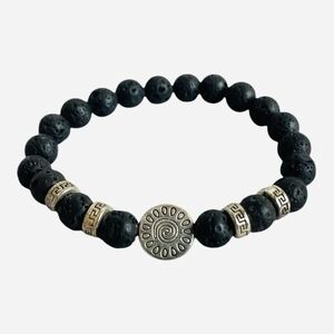 Lava Stone Bracelet Silver Accents Spiral Charm Adjustable Unisex Jewelry